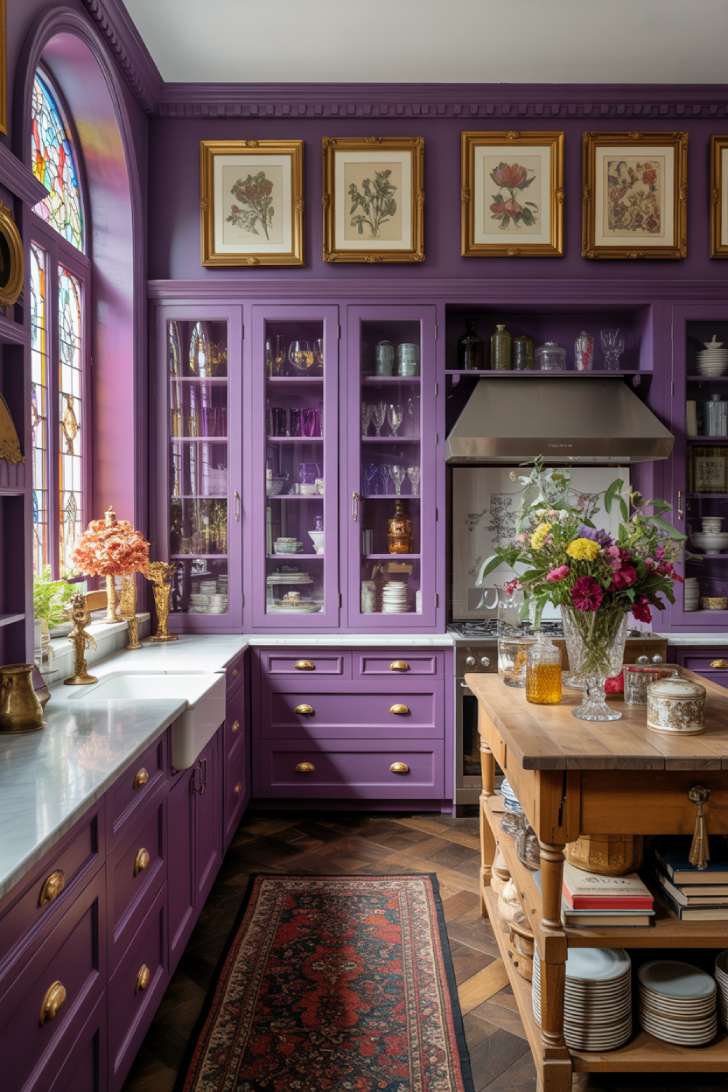 Deep plum maximalist kitchen with gilded botanical prints, stained glass window, and Victorian brass hardware