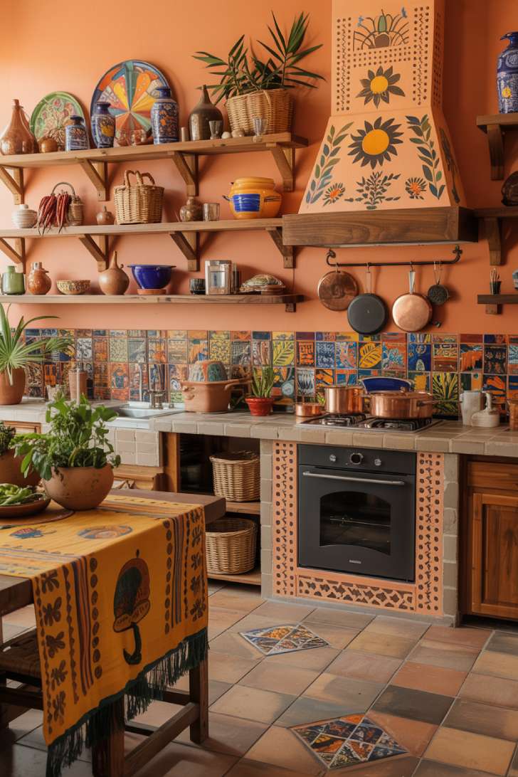 Terracotta maximalist kitchen with Talavera backsplash, Oaxacan pottery, embroidered textiles, and copper cookware