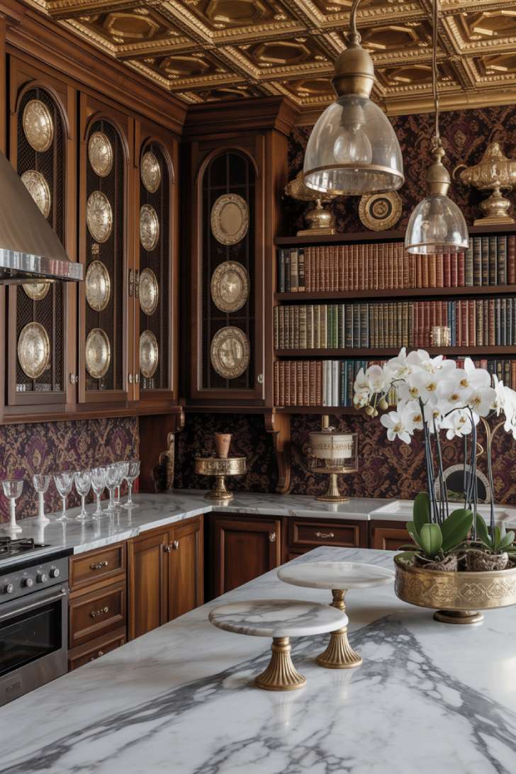 Dark walnut maximalist kitchen with damask fabric walls, tin ceiling, waterfall marble island, and antique brass pendant lights