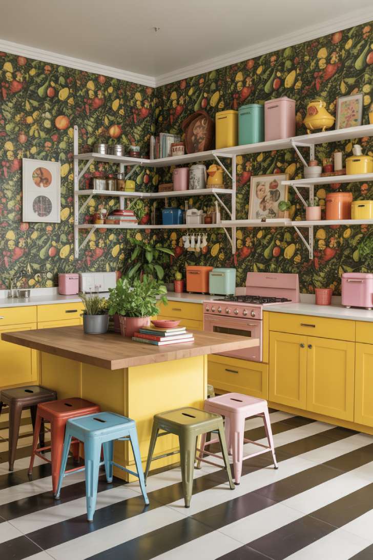 Sunshine yellow retro maximalist kitchen with fruit and flora wallpaper, industrial metal shelving, and mismatched painted stools
