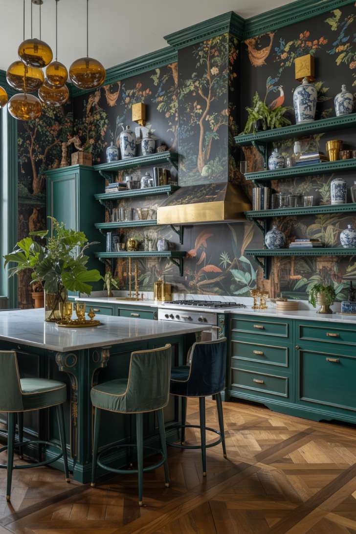 Forest green lacquered maximalist kitchen with chinoiserie wallpaper, calacatta marble island, emerald velvet stools, and amber glass pendant lights