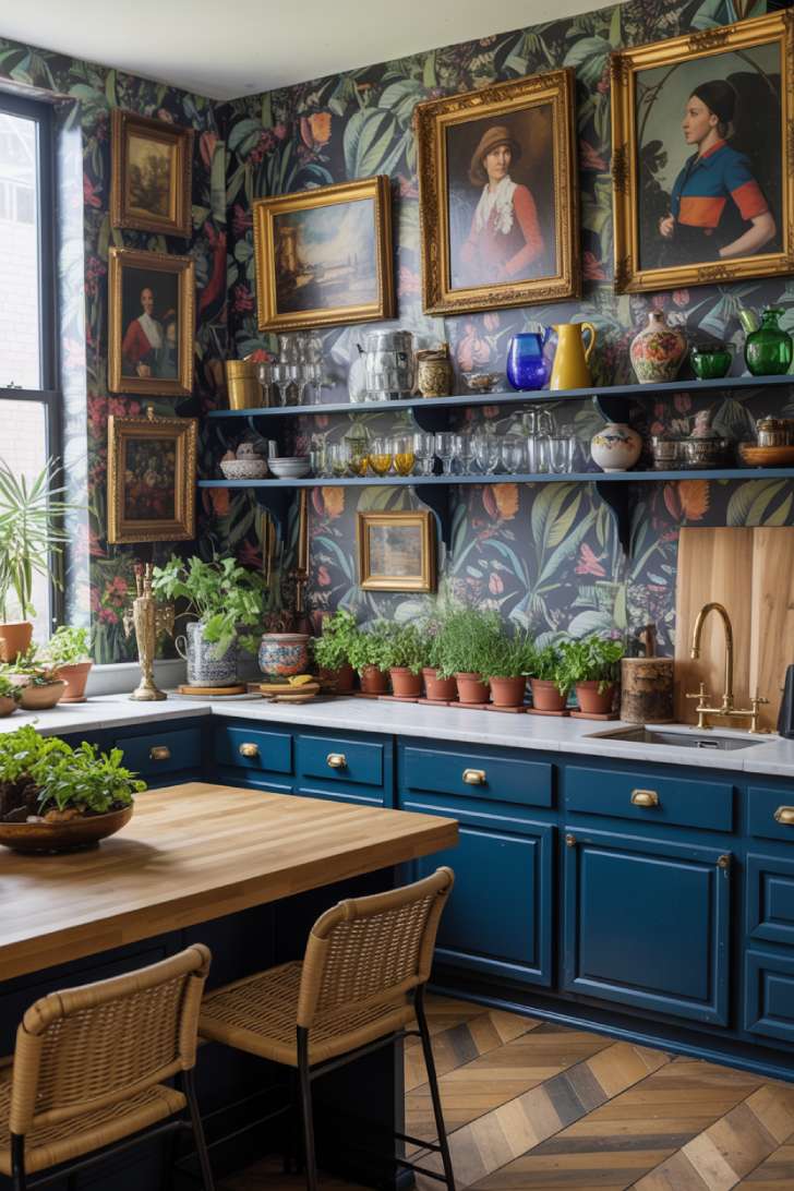 Navy blue maximalist kitchen with botanical wallpaper, brass fixtures, and rattan bar stools