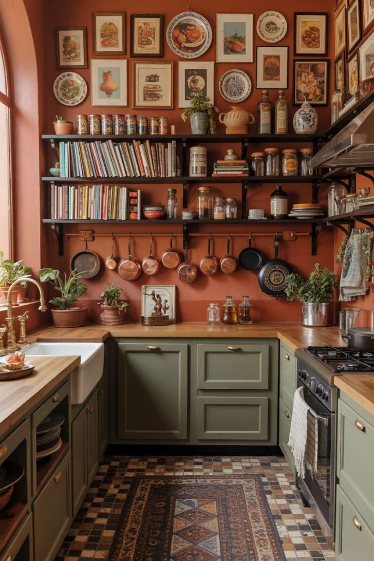 Terracotta maximalist kitchen with gallery wall of vintage prints, mosaic tile floor, and Turkish runner rugs