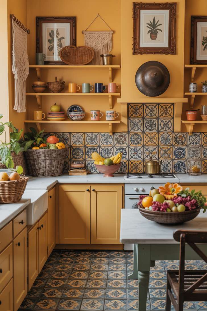 Mustard yellow maximalist kitchen with Talavera tiles, botanical prints, and mismatched ceramic mugs on open shelving