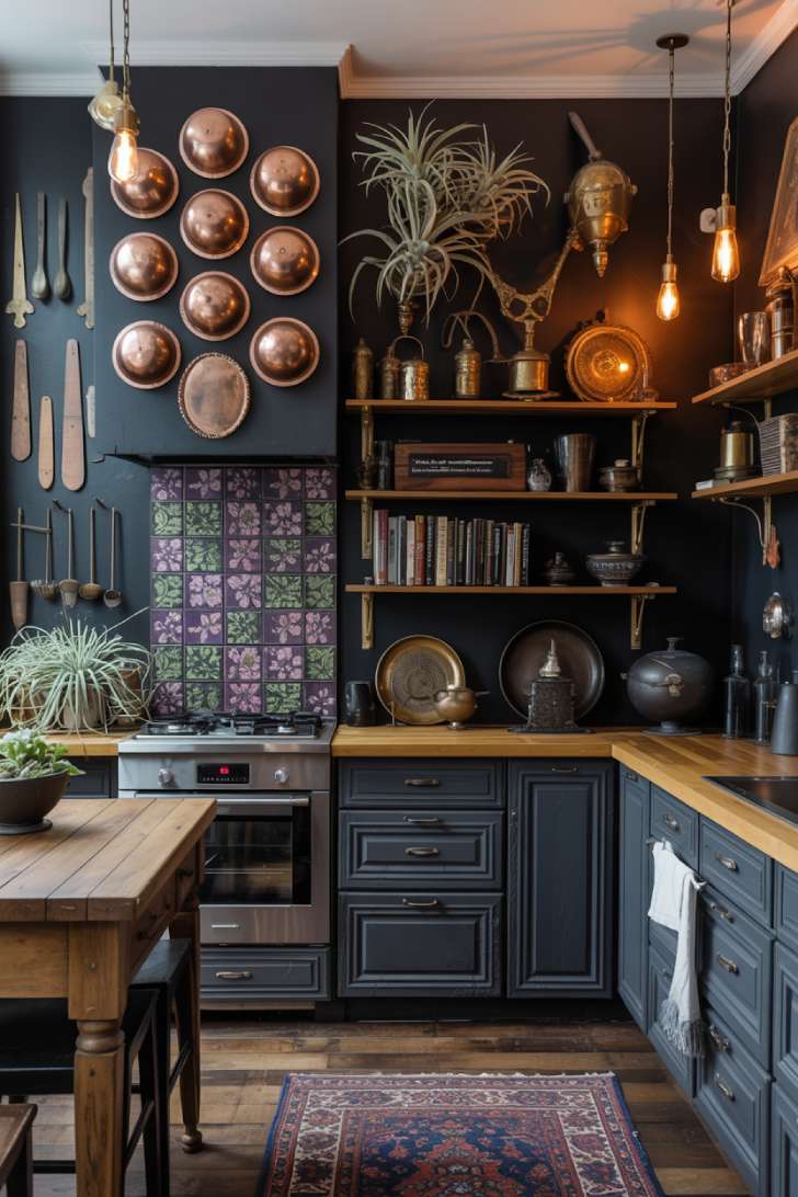Moody black maximalist kitchen with vintage copper molds, Persian rug, and floral tile backsplash