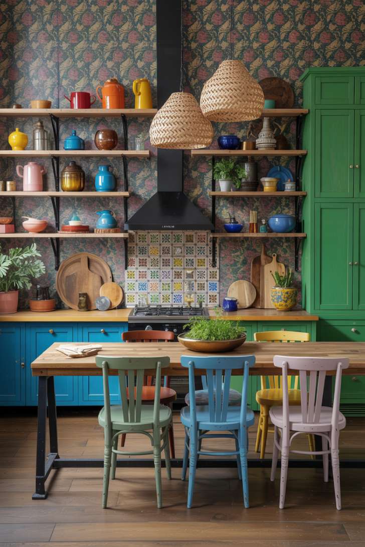 Cobalt blue and forest green maximalist kitchen with Moroccan wallpaper, zellige tile backsplash, and mismatched vintage chairs
