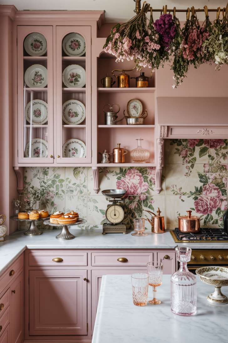 Dusty rose and antique cream maximalist kitchen with peony wallpaper, vintage floral china, and dried flower bundles