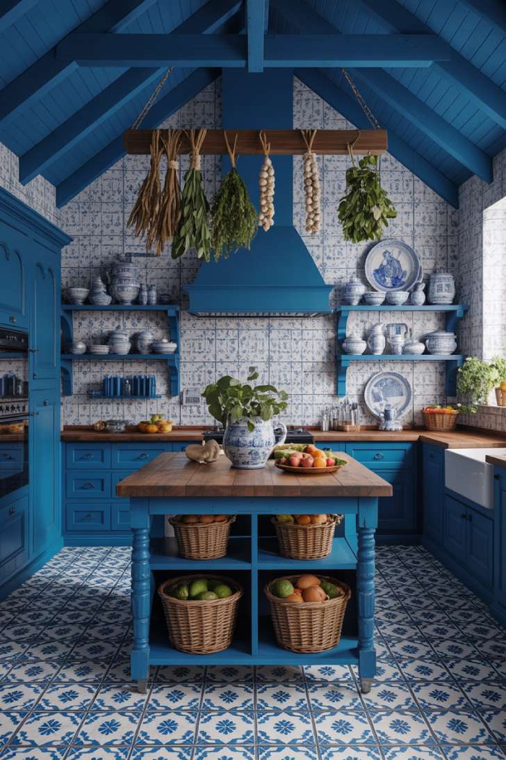 Sapphire blue maximalist kitchen with indigo wallpaper, Portuguese tile floor, and blue-and-white transferware collection