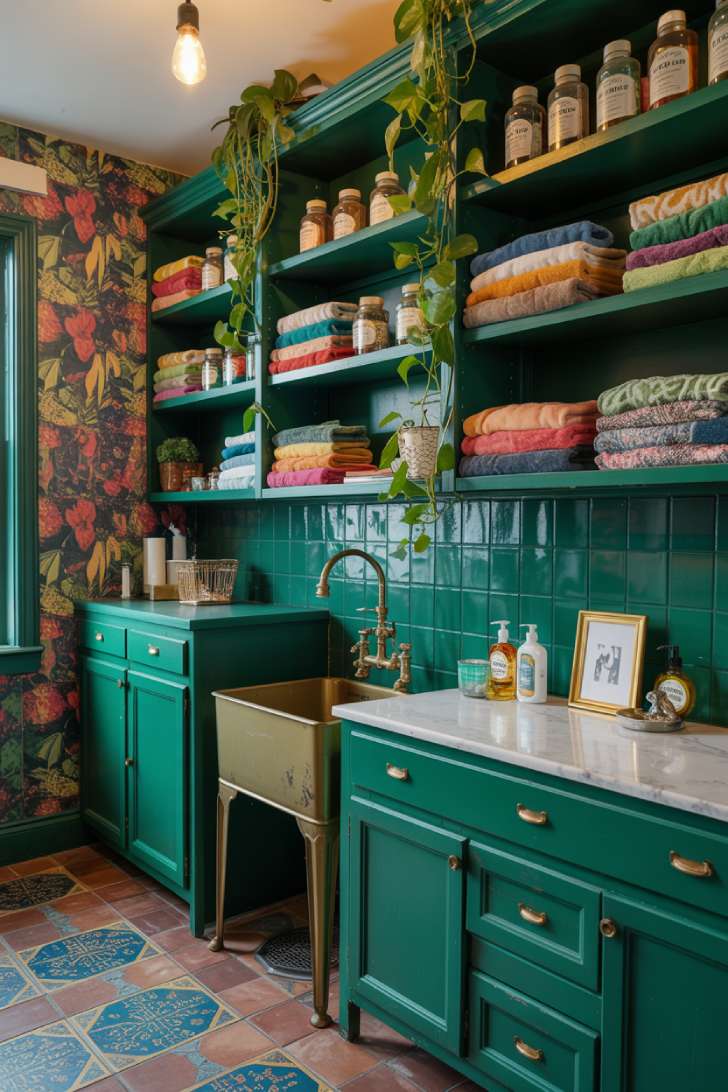 13 Vibrant Maximalist Laundry Room Ideas for a Chic Home 1 Emerald green open shelving with botanical wallpaper and brass fixtures in a maximalist laundry room