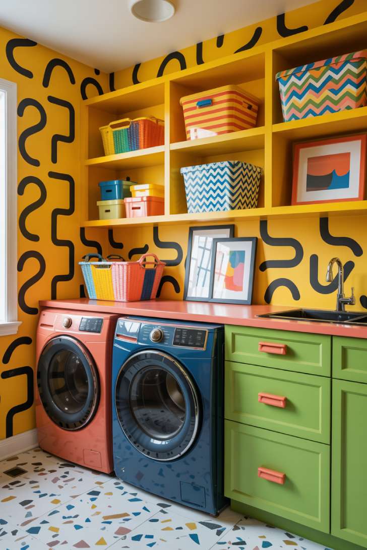 13 Vibrant Maximalist Laundry Room Ideas for a Chic Home 13 Memphis design maximalist laundry room with sunshine yellow walls and multicolor cabinetry