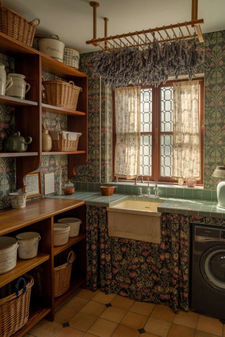 13 Vibrant Maximalist Laundry Room Ideas for a Chic Home 3 English cottage maximalist laundry room with William Morris wallpaper and farmhouse sink