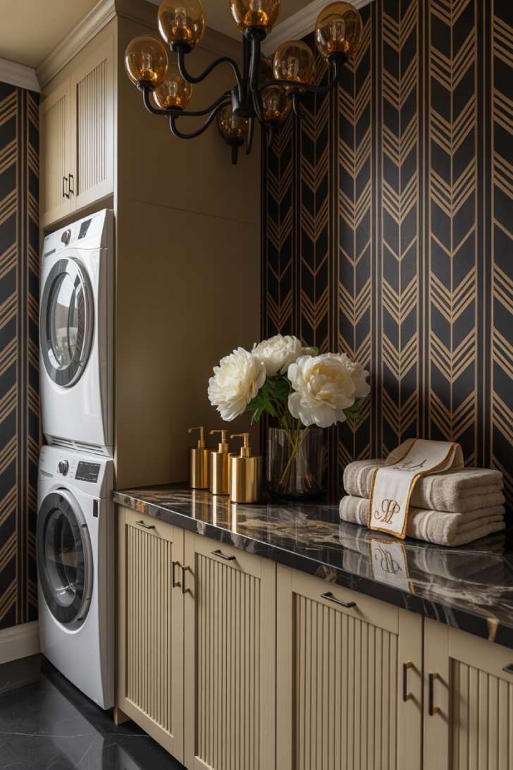 13 Vibrant Maximalist Laundry Room Ideas for a Chic Home 4 Art Deco maximalist laundry room with black and gold geometric wallpaper and marble countertop