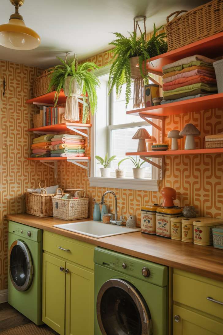 13 Vibrant Maximalist Laundry Room Ideas for a Chic Home 5 Retro 1970s maximalist laundry room with orange geometric wallpaper and avocado green appliances