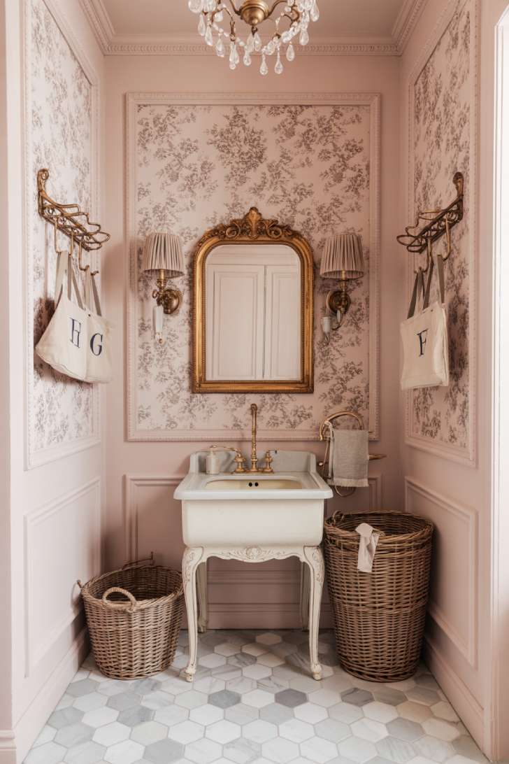 13 Vibrant Maximalist Laundry Room Ideas for a Chic Home 6 Parisian-style maximalist laundry room with blush pink toile wallpaper and crystal chandelier