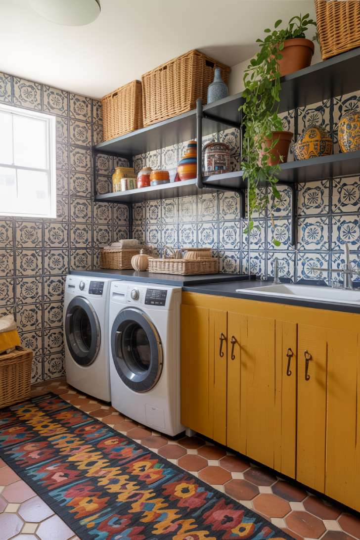 13 Vibrant Maximalist Laundry Room Ideas for a Chic Home 7 Eclectic maximalist laundry room with indigo Portuguese tile walls and saffron yellow cabinetry