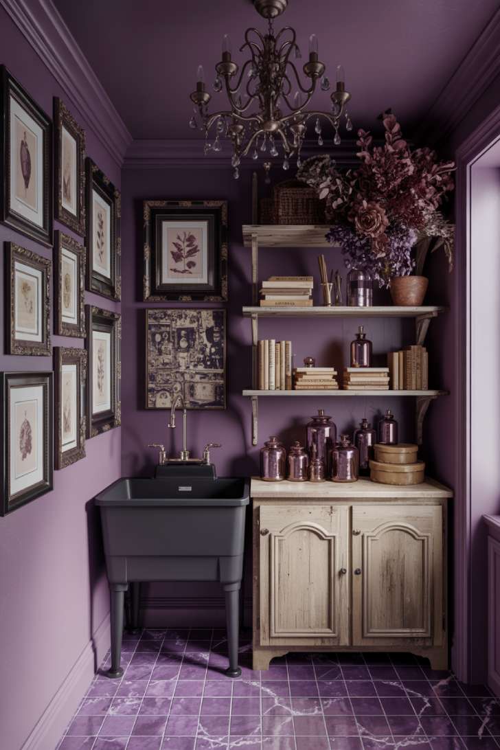 13 Vibrant Maximalist Laundry Room Ideas for a Chic Home 8 Moody plum purple maximalist laundry room with botanical prints and crystal chandelier