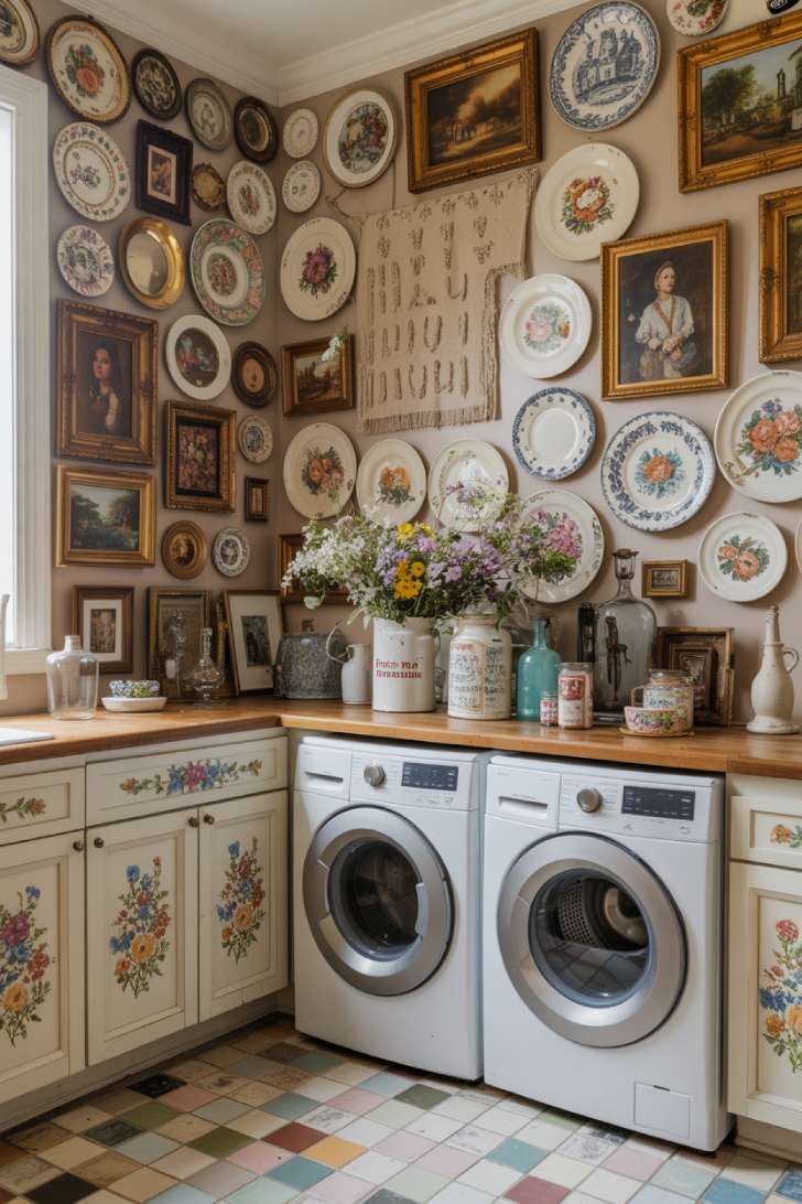 13 Vibrant Maximalist Laundry Room Ideas for a Chic Home 9 Whimsical maximalist laundry room with vintage plates on walls and hand-painted floral cabinetry