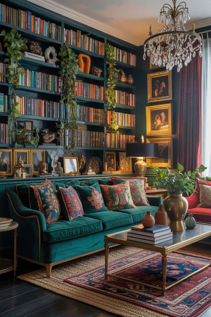 Emerald velvet sofa with floor-to-ceiling bookshelves and layered rugs in a maximalist living room