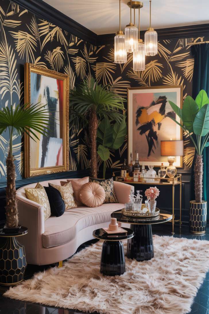 Hollywood Regency maximalist living room with blush velvet sofa, palm leaf wallpaper, and mirrored bar cart