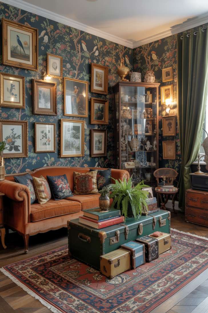 Chinoiserie maximalist living room with navy and gold wallpaper, burnt orange sofa, and antique trunk coffee table