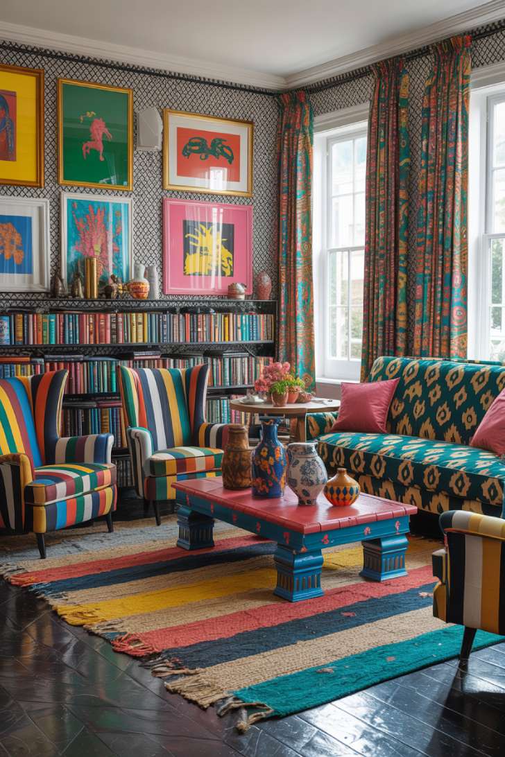 Bold pattern-clash maximalist living room with ikat sofa, geometric wallpaper, and kilim rug layering