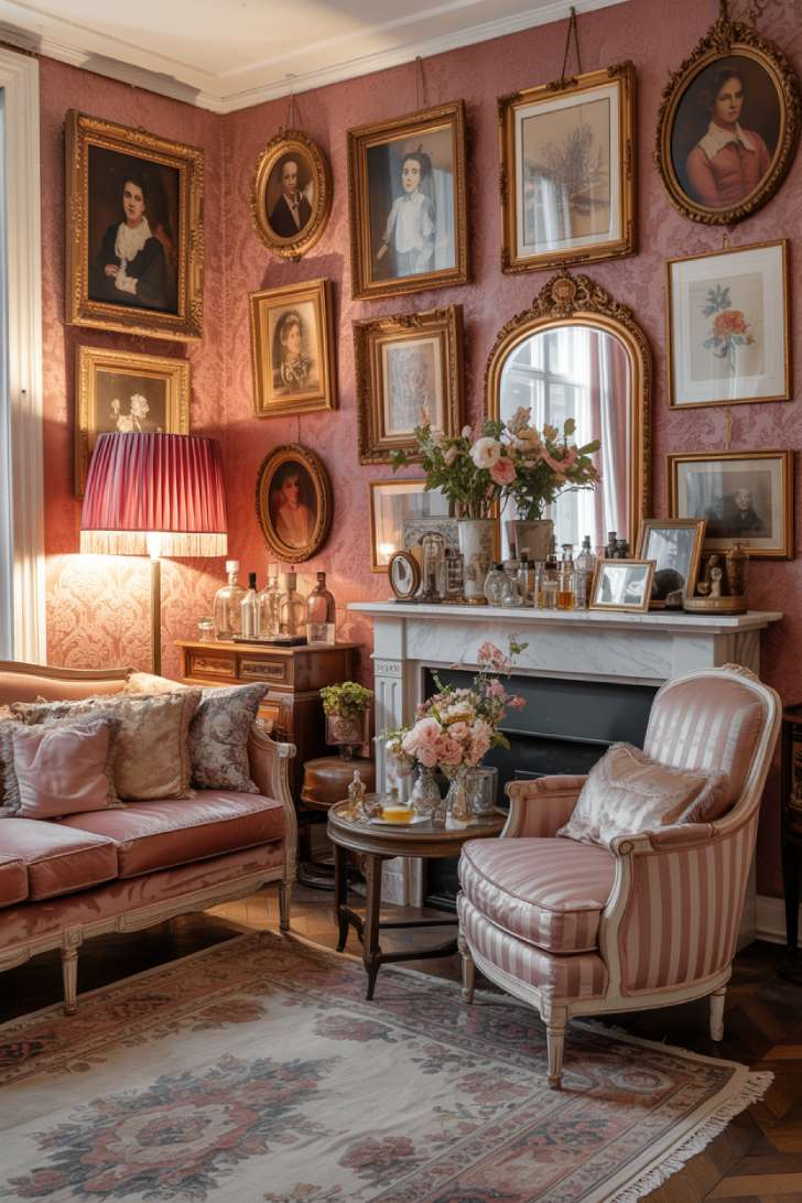 Romantic vintage maximalist living room with dusty rose wallpaper, Victorian sofa, and antique accessories