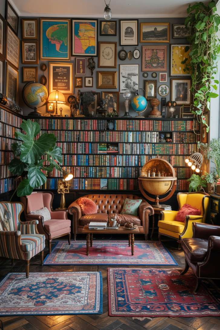 Collector's maximalist living room with salon-style gallery wall, leather Chesterfield sofa, and antique globe bar cabinet
