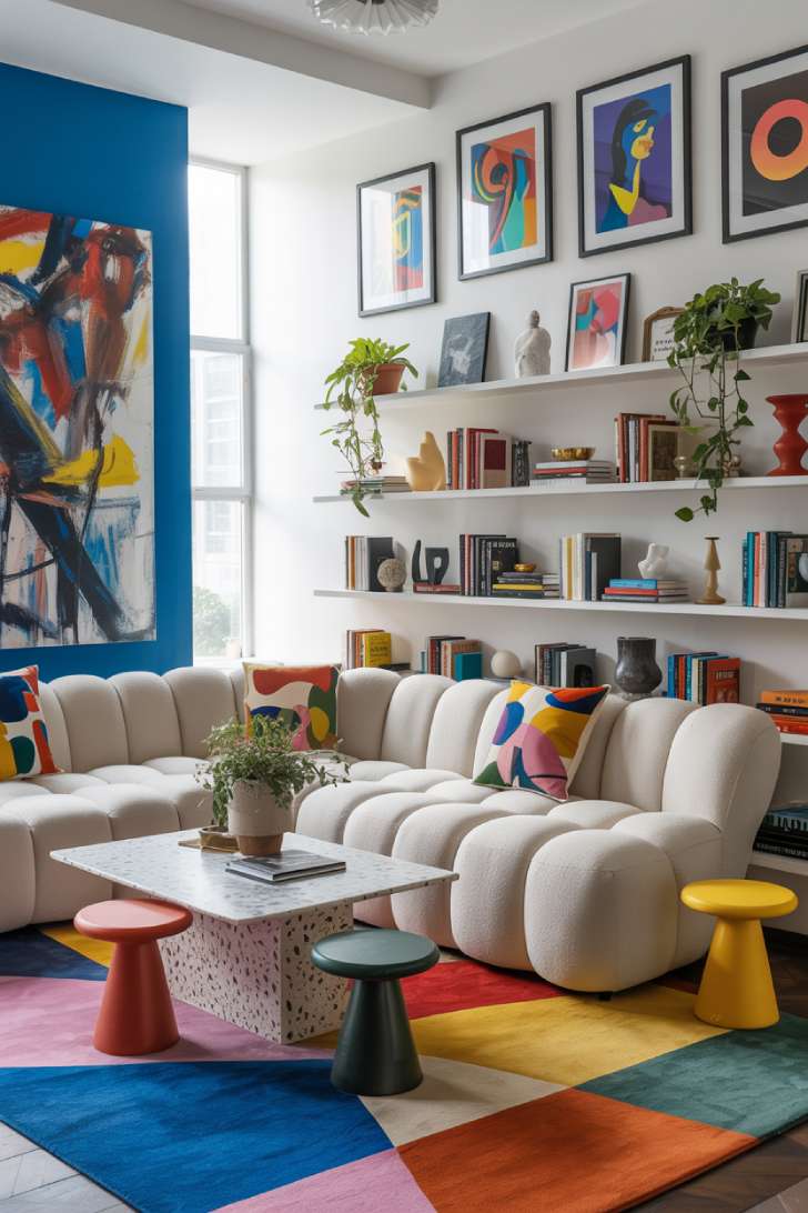 Bold contemporary maximalist living room with electric blue accent wall, white boucle sofa, and colorful open shelving