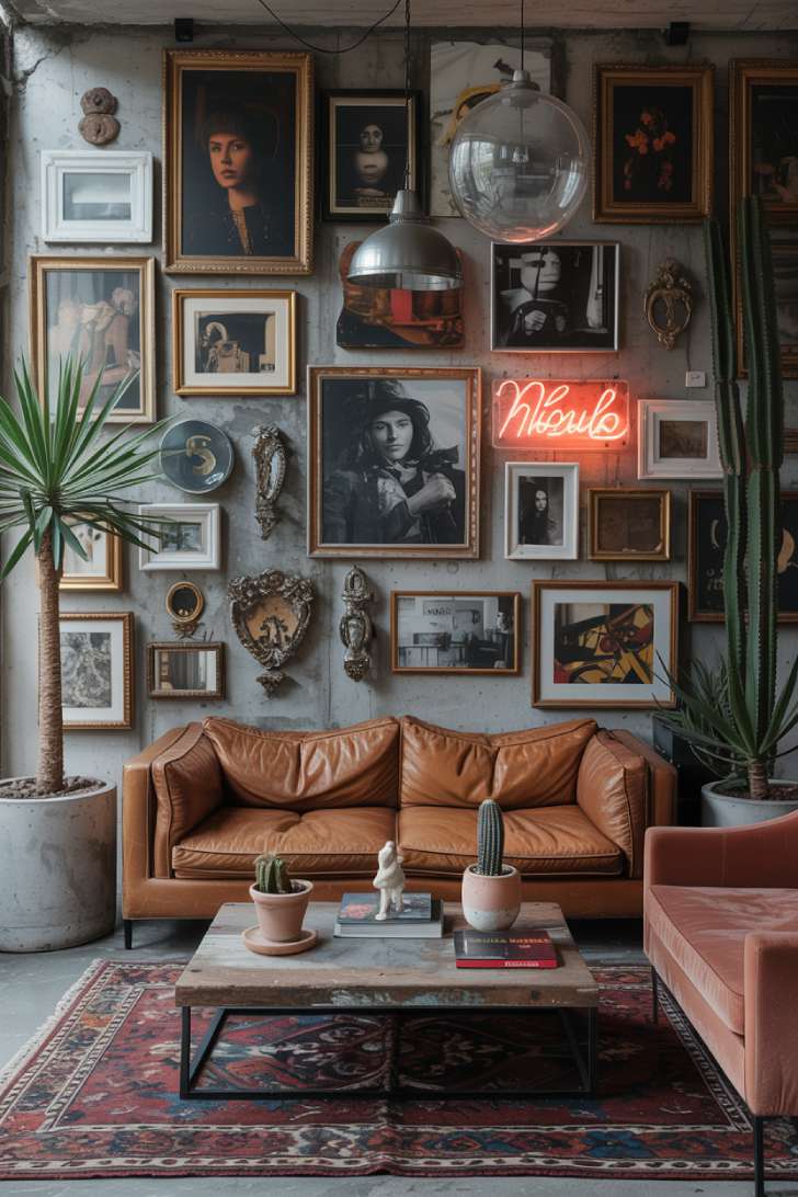 Industrial-meets-vintage maximalist living room with concrete walls, cognac leather sofa, and neon sign art