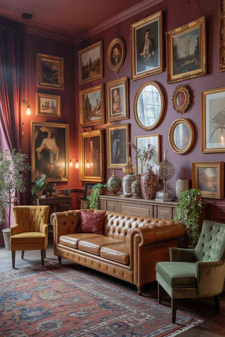Burgundy maximalist living room with Chesterfield sofa, gallery wall, and velvet drapes