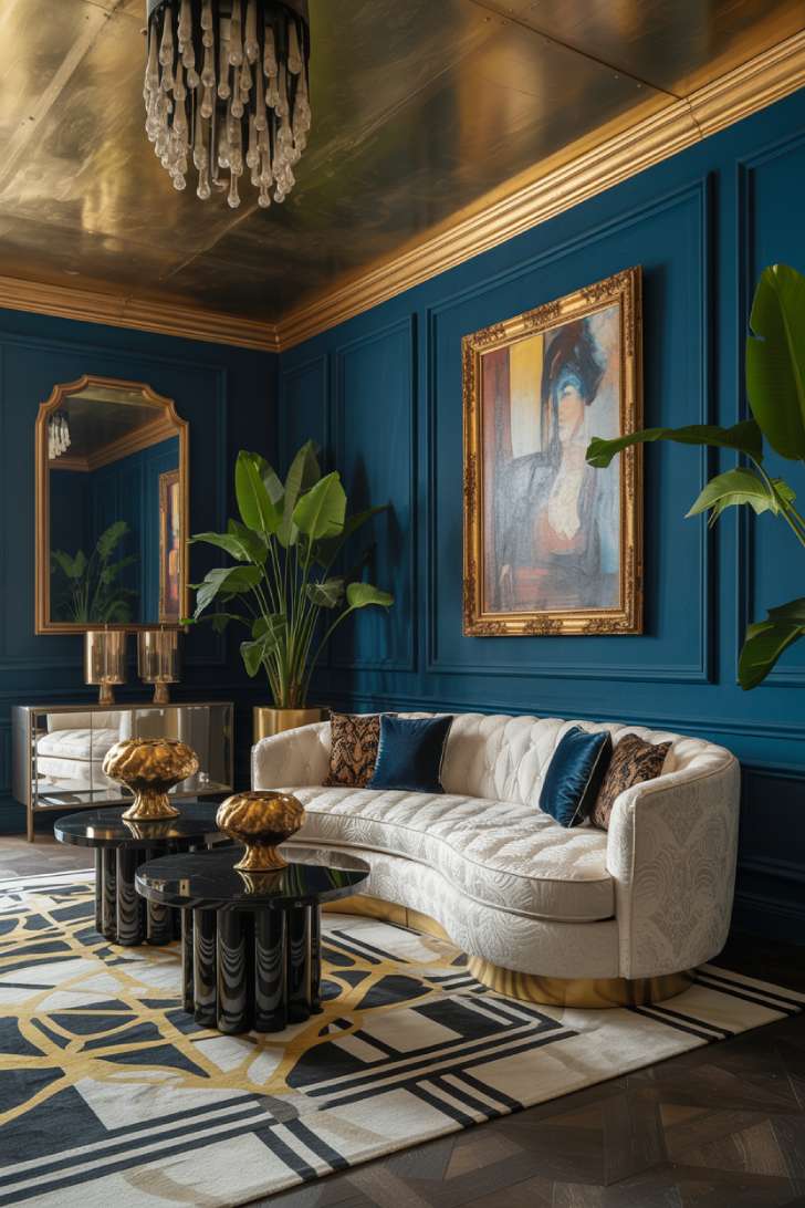 Art Deco maximalist living room with sapphire velvet walls, ivory boucle sofa, and gold accents