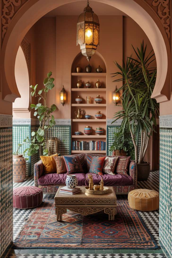 Moroccan-inspired maximalist living room with saffron walls, plum velvet sofa, and lantern lighting