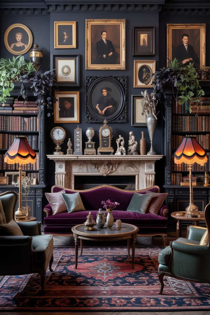 Gothic maximalist living room with charcoal walls, plum velvet sofa, and dark foliage plants