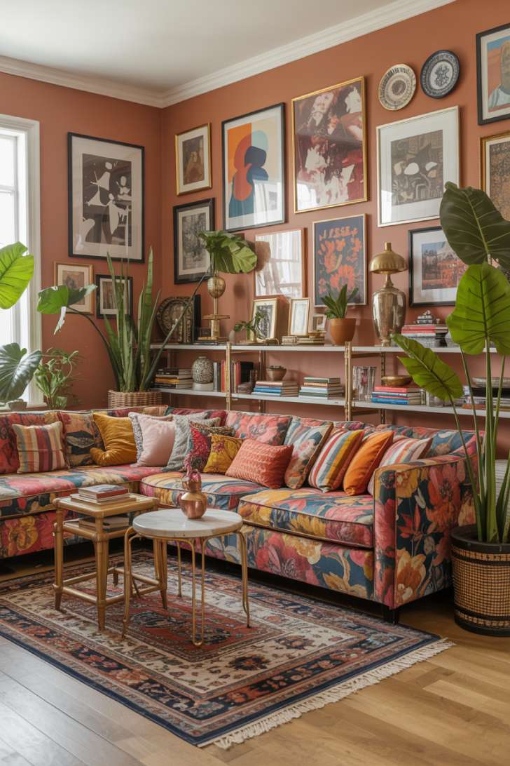 Terracotta maximalist living room with bold floral sofa, mixed pattern pillows, and monstera plants