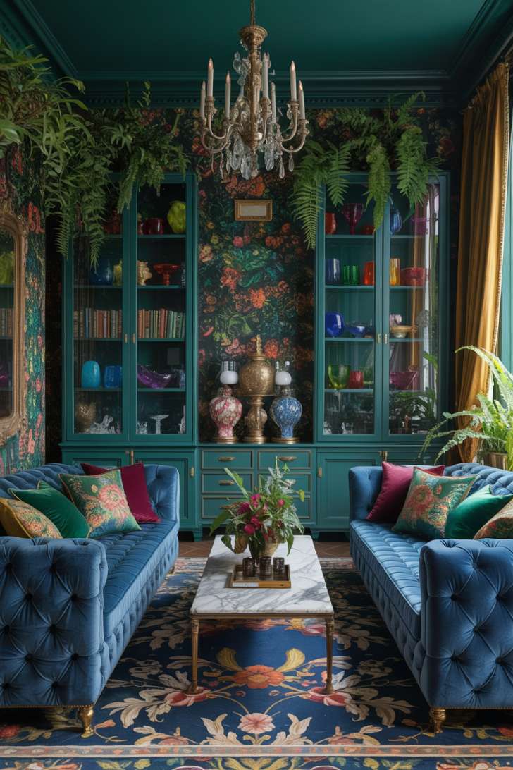 Maximalist living room with dark floral wallpaper, sapphire velvet sofas, and glass-fronted cabinets