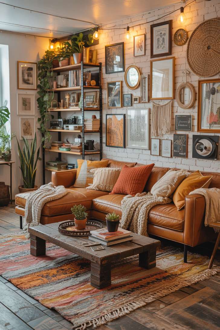 Warm maximalist living room with exposed brick, caramel leather sectional, and layered earth-tone rugs