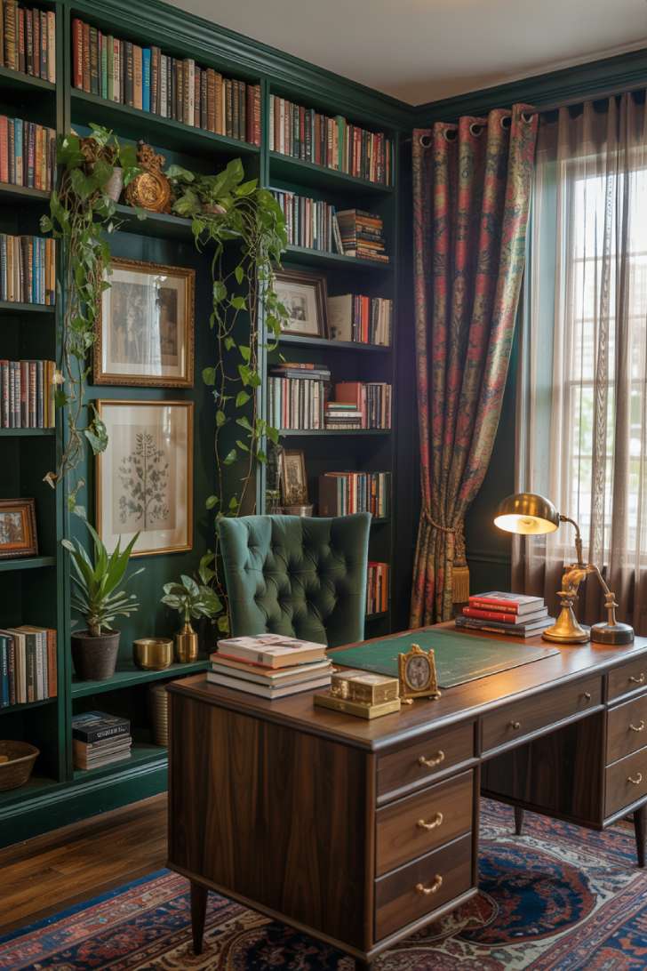 Emerald green velvet chair at a dark walnut desk surrounded by floor-to-ceiling bookshelves overflowing with plants and books
