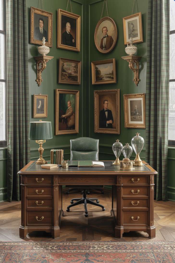 Maximalist vintage home office with deep forest green walls, antique oil portraits, tartan drapes, and grand mahogany partners desk