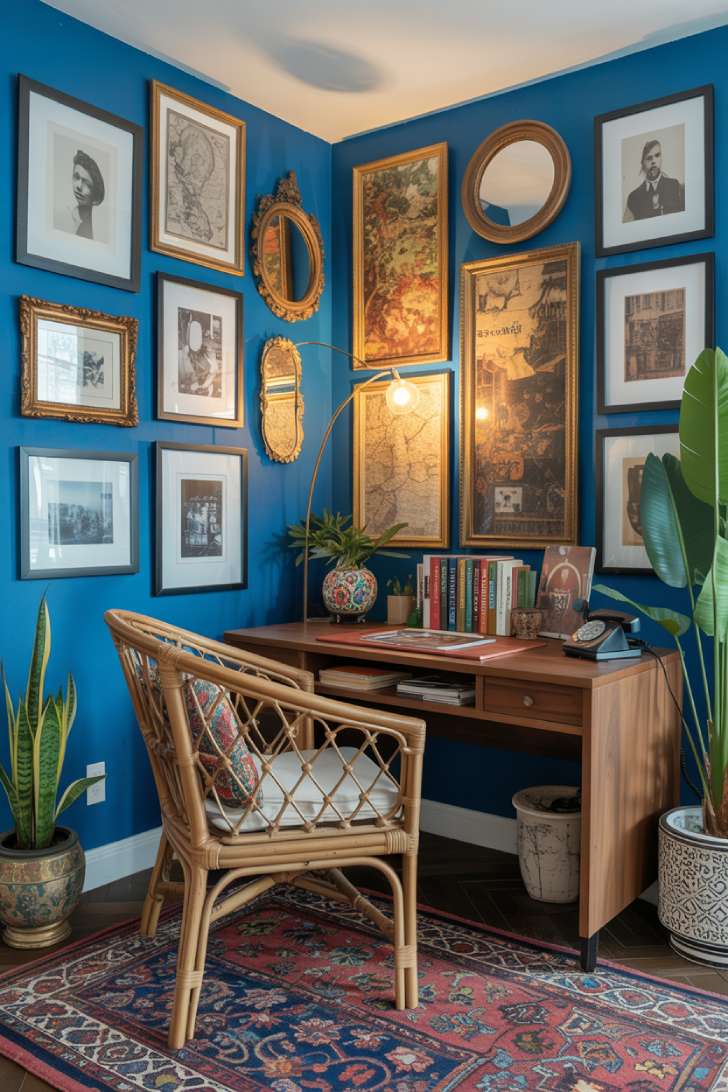 Cobalt blue accent wall covered in an eclectic gallery of art prints and mirrors above a rattan desk chair and Persian rug