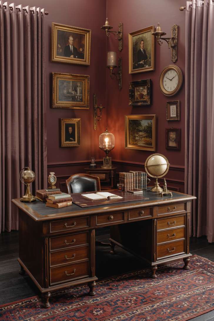 Deep burgundy maximalist office with antique mahogany desk, oil paintings, wall sconces, and a Persian rug in reds and golds