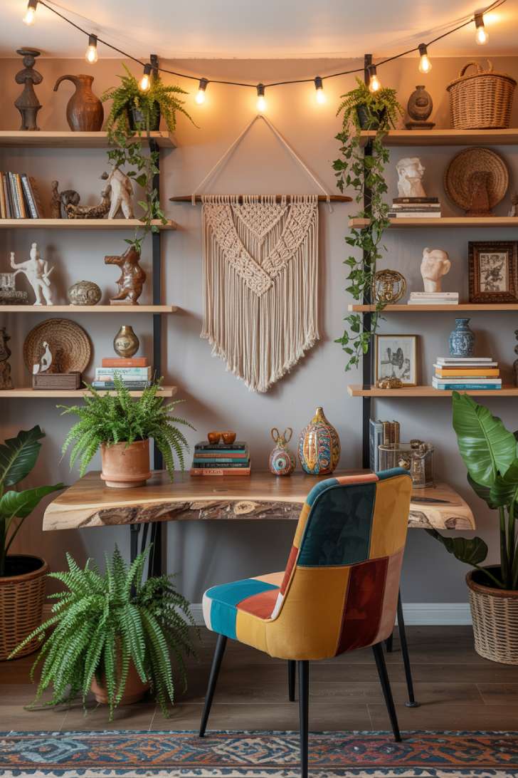 Bohemian maximalist office with macramé wall hanging, live-edge desk, patchwork velvet chair, and Edison bulb string lights