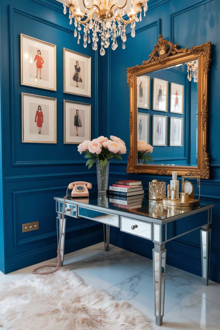 Glamorous maximalist office with sapphire blue velvet wall panels, mirrored desk, crystal chandelier, and gold accessories