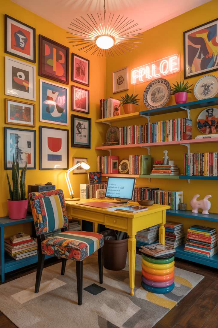 Colorful maximalist office with sunshine yellow walls, eclectic gallery of neon signs and abstract prints, mismatched patterned chairs