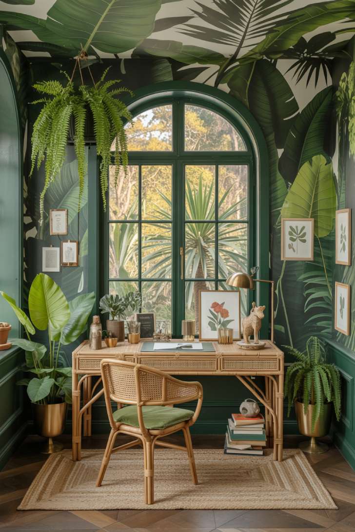 Tropical maximalist office with forest green walls, oversized monstera plants, botanical wallpaper ceiling, and rattan desk by arched window