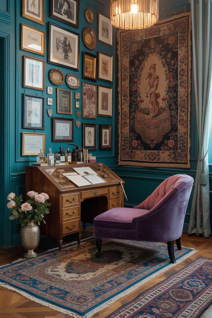 Opulent maximalist office in amethyst, teal, and gold with vintage perfume advertisements, velvet chaise lounge, and beaded fringe chandelier