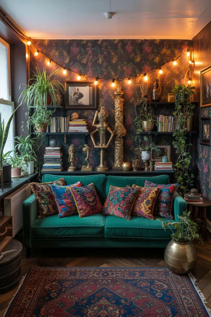 10 Vibrant Maximalist Studio Apartment Ideas for Bold Living 1 A maximalist studio apartment living area with emerald velvet sofa, jewel-toned pillows, dark floral wallpaper, and warm Edison bulb lighting
