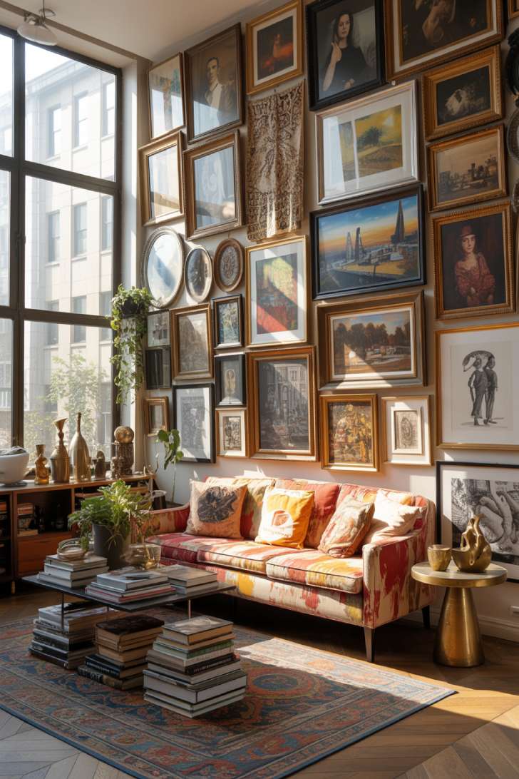 10 Vibrant Maximalist Studio Apartment Ideas for Bold Living 10 A maximalist studio apartment at golden hour with a floor-to-ceiling salon-style gallery wall, ikat fabric sofa, stacked coffee table books, and warm afternoon light