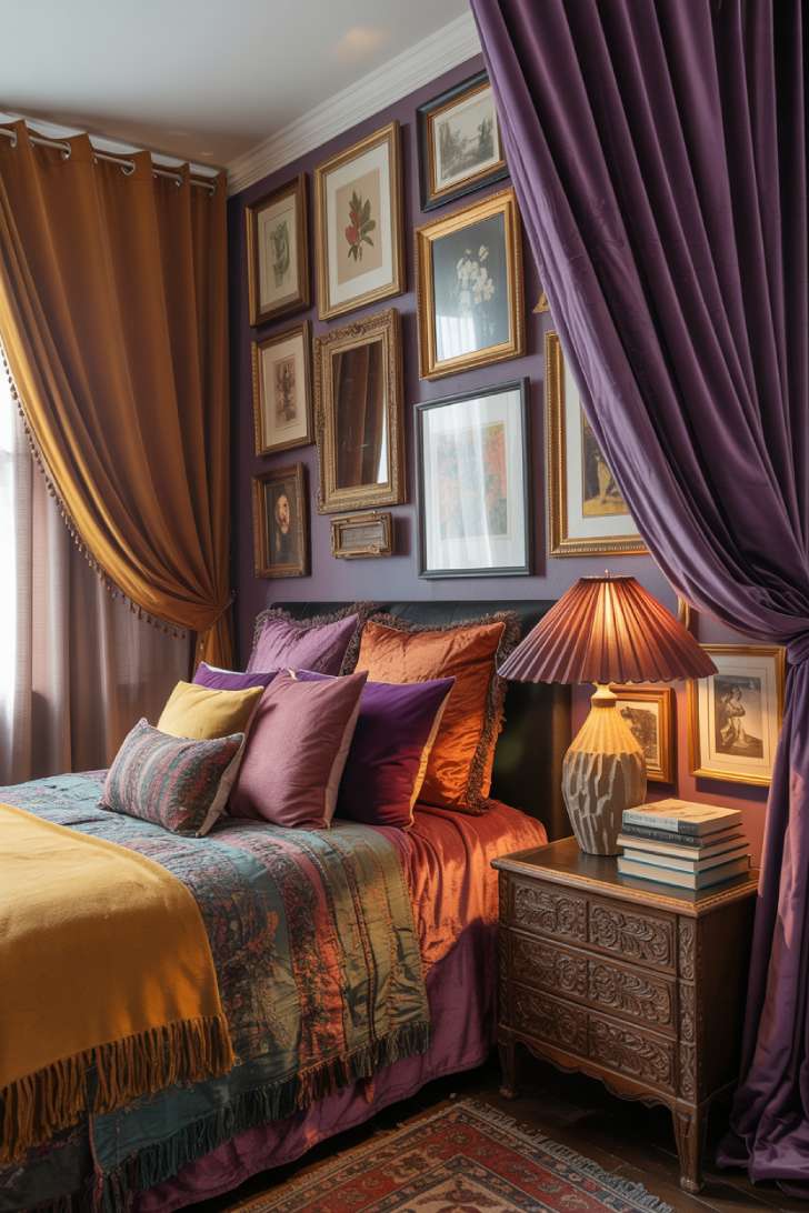 10 Vibrant Maximalist Studio Apartment Ideas for Bold Living 2 A maximalist studio apartment bedroom nook with purple and rust velvet canopy, salon-style gallery wall, and layered jewel-toned bedding
