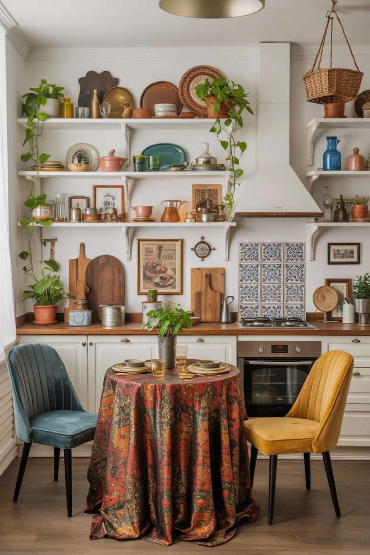 10 Vibrant Maximalist Studio Apartment Ideas for Bold Living 3 A maximalist studio apartment kitchen with open shelving full of vintage ceramics, copper cookware, cobalt tile backsplash, and a richly patterned dining area