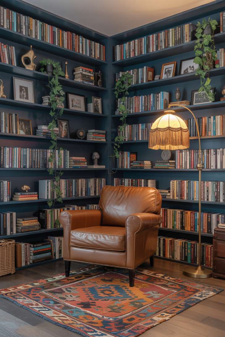 10 Vibrant Maximalist Studio Apartment Ideas for Bold Living 4 A maximalist studio apartment reading nook with cognac leather armchair, floor-to-ceiling bookshelves, Turkish kilim rug, and moody navy walls